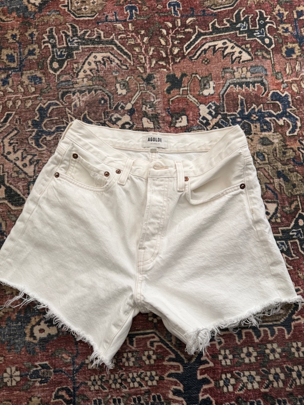 AGOLDE White High-Rise Raw Hem Denim Shorts